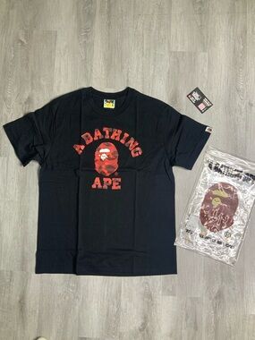 A Bathing Ape Black Tee with Red Camo Logo